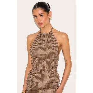 Tall Top long tissé chocolat à rayures et dos nu, Chocolat - Taille 42