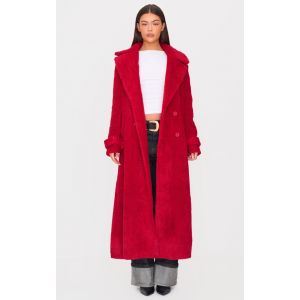 Manteau long en imitation mouton rouge à double boutons, Rouge - Taille 34