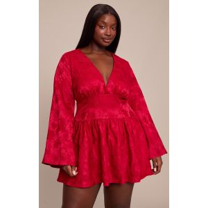 Femme Plus Mini robe en jacquard rouge fleuri à manches flûtes | Taille 50 - Taille 50
