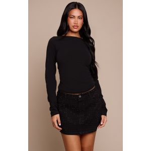 Femme Micro jupe en jean noir à taille mi-haute et paillettes | Taille 44 - Taille 44