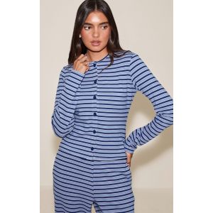 Femme Top en polaire douce bleu marine &agrave; fines rayures et boutons | Taille 36 - Taille 36