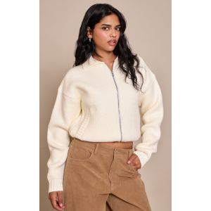 Femme Petite Veste bomber en maille tricot crème à zip | Taille Large - Taille L