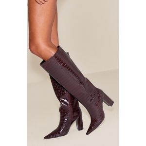 Femme Bottes hautes pointues chocolat effet croco &agrave; talon carr&eacute; | Taille 40 - Taille 40