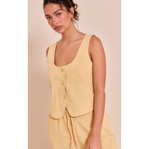 Gilet de tailleur ajusté en effet lin jaune beurre à col rond, Jaune Beurre - Taille 32