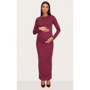 Maternité Robe de grossesse longue côtelée bordeaux à fronces, Bordeaux - Taille 44