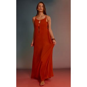 Robe de plage trapèze longue en mousseline de soie rouille à col bateau, Rouille - Taille M