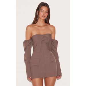 Mini robe de tailleur manches longues tissée gris champignon à col bardot et poches, Gris champignon - Taille 36