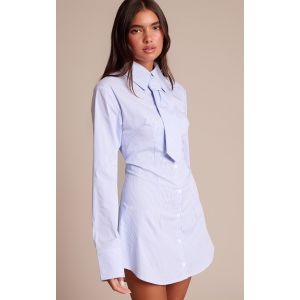 Femme Robe chemise bleue boutonn&eacute;e &agrave; fines rayures et d&eacute;tail cravate | Taille 42 - Taille 42