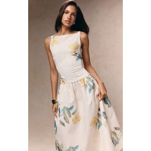 Robe mi-longue jaune fleurie à taille tombante, Jaune - Taille 44