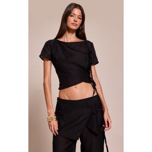 Top en organza bleu marine transparent noué à manches courtes, Bleu Marine - Taille 44