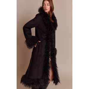 Femme Manteau long noir à bordures en fausse fourrure | Taille Large - Taille L