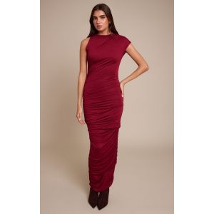 Femme Robe longue asymétrique rouge vin froncée sans manches | Taille 42 - Taille 42