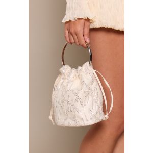 Femme Sac pochette satin&eacute; cr&egrave;me fronc&eacute; &agrave; ornements - Taille One Size