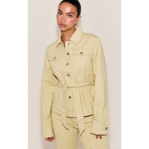 Femme Veste cintr&eacute;e &agrave; la taille en jean cr&egrave;me au beurre &agrave; ceinture et coutures contrastantes Jaune beurre | Taille 42 - Taille 42