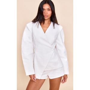 Femme Blazer de tailleur cintré en lin deluxe blanc à manches cocon | Taille 36 - Taille 36