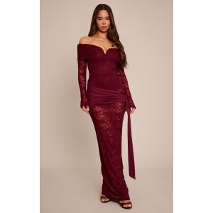 Femme Robe longue en dentelle rouge vin &agrave; manches longues et partie drap&eacute;e | Taille 36 - Taille 36