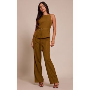 Femme Combinaison droite tiss&eacute;e kaki &agrave; ceinture nou&eacute;e | Taille 42 - Taille 42