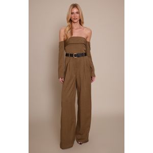 Femme Combinaison bardot tiss&eacute;e kaki &agrave; manches longues et ceinture | Taille 38 - Taille 38