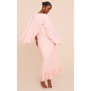 Robe longue en mousseline de soie rose pâle à partie superposée exagérée et volants, Rose Pâle - Taille 44