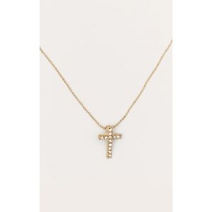 Femme Collier en m&eacute;tal dor&eacute; &agrave; petite croix strass&eacute;e - Taille One Size