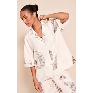Chemise carrée tissée crème imprimé cachemire à manches courtes, Crème - Taille 38