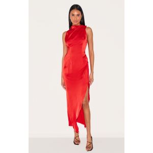 Robe longue satinée rouge froncée dans le dos à col montant, Rouge - Taille 36