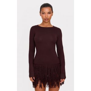 Robe très courte en maille tricot fine cappuccino à manches longues et ourlet frangé, Cappuccino - Taille XS