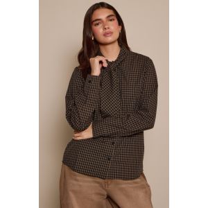 Femme Chemise oversize en coton &agrave; carreaux marron avec col &agrave; nouer | Taille 38 - Taille 38