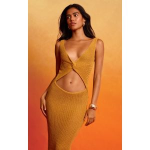 Robe de plage texturée moutarde torsadée devant à découpe, Moutarde - Taille M