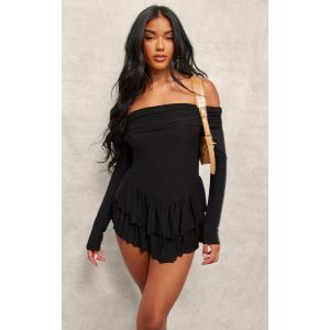Combishort style tutu moulant noir à manches longues et col bardot, Noir - Taille 42