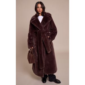 Femme Petite Manteau long en fausse fourrure chocolat à taille nouée | Taille Large - Taille L