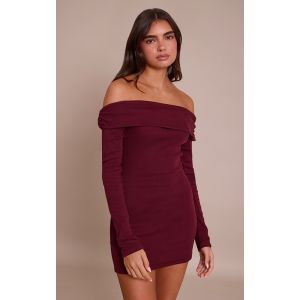 Femme Robe moulante c&ocirc;tel&eacute;e prune &agrave; col bardot repli&eacute; et manches longues | Taille 42 - Taille 42