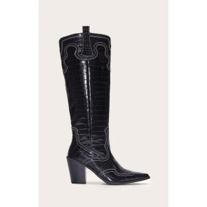 Bottes hautes pointues en PU noir effet croco à talon carré haut et coutures style western, Noir - Taille 39