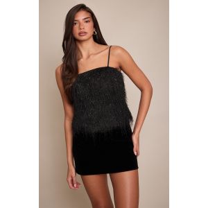 Femme Top d&eacute;bardeur noir m&eacute;tallique &agrave; franges | Taille 36 - Taille 36