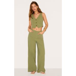 Femme Pantalon large en effet lin kaki à taille mi-haute | Taille 34 - Taille 34