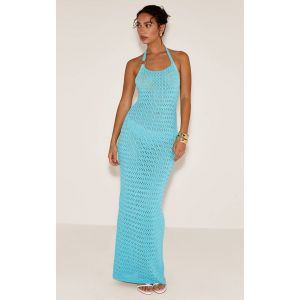 Femme Robe longue en maille style crochet bleu turquoise à dos nu et empiècement sur la bretelle | Taille XS - Taille XS