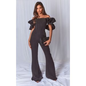 Femme Combinaison corset en maille tissée plissée vert à col bardot volanté Noir | Taille 36 - Taille 36