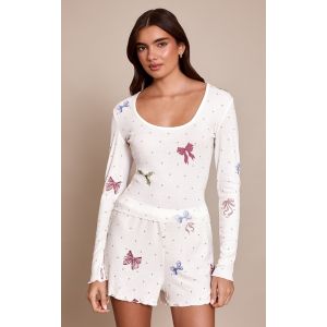Femme Ensemble de pyjama de Noël top ajusté et short en maille pointelle imprimé noeuds à manches longues Blanc | Taille XS - Taille XS