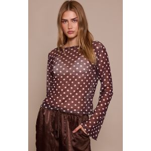 Femme Top en mesh chocolat &agrave; manches longues &eacute;vas&eacute;es Marron | Taille 44 - Taille 44