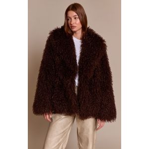 Femme Manteau mi-long en fausse fourrure de Mongolie chocolat | Taille Large - Taille L