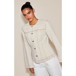 Veste cintrée en jean gris pierre délavé à col rond et manches longues, Gris Pierre Délavé - Taille 32