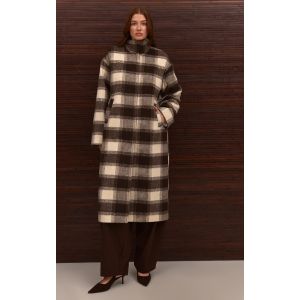 Femme Manteau long en effet laine &agrave; carreaux et col entonnoir Marron | Taille Large - Taille L