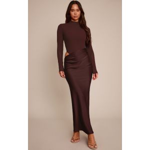 Femme Robe longue en mesh chocolat &agrave; manches longues et partie jupe drap&eacute;e | Taille 38 - Taille 38