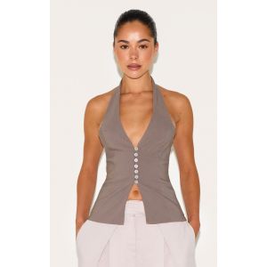 Top long en bengaline gris champignon à dos nu et boutons, Gris champignon - Taille 32