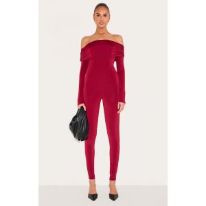 Femme Combinaison skinny moulante doublée bordeaux à col bardot | Taille 40 - Taille 40