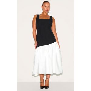 Femme Plus Robe mi-longue noire et blanche &agrave; col carr&eacute; et ourlet pliss&eacute; contrastant Noir/Blanc | Taille 54 - Taille 54