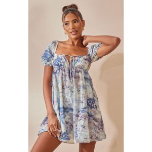 Femme Robe droite tiss&eacute;e grise &agrave; imprim&eacute; abstrait et buste fronc&eacute; | Taille 32 - Taille 32