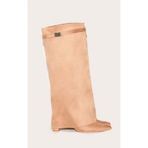 Bottes hautes en suédine camel repliées à talon carré et bout pointu, Camel - Taille 40