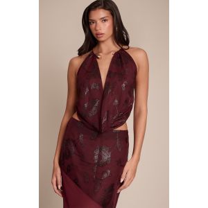 Femme Top dos nu en mousseline de soie rouge vin &agrave; empi&egrave;cement dor&eacute; et paillettes en fleurs | Taille 42 - Taille 42