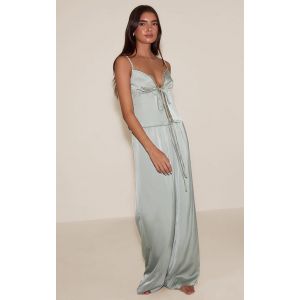 Femme Ensemble de pyjama satin&eacute; sauge &agrave; d&eacute;bardeur nou&eacute; devant et d&eacute;tails en dentelle | Taille Small - Taille S